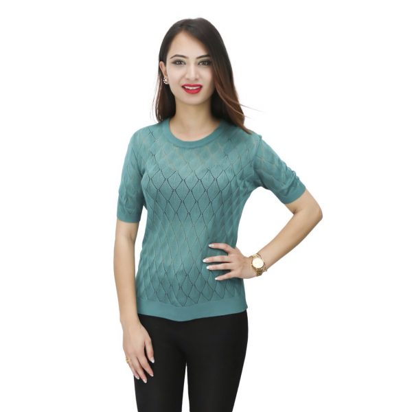 Round Neck Bamboo Knit Pointel Design Tops For Women