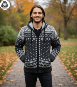 Model wearing Fair Isle wool jacket by diamond knitland