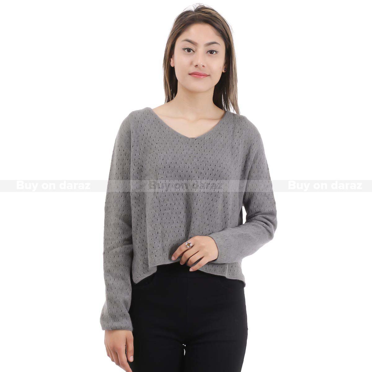 Grey Yak Wool Tops | Women's V-Neck Pointelle Knit – Diamond