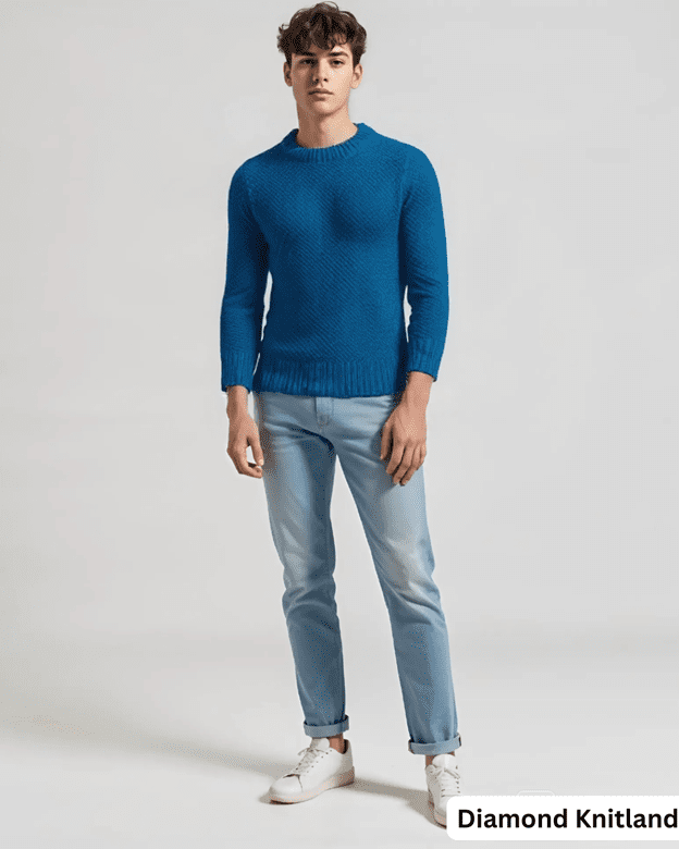 model wearing diamond knitland wool sweater