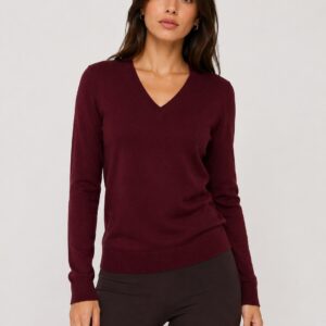Women's 100% Merino Wool V-Neck Sweater | Maroon Fine Knit Pullover | Made in Nepal